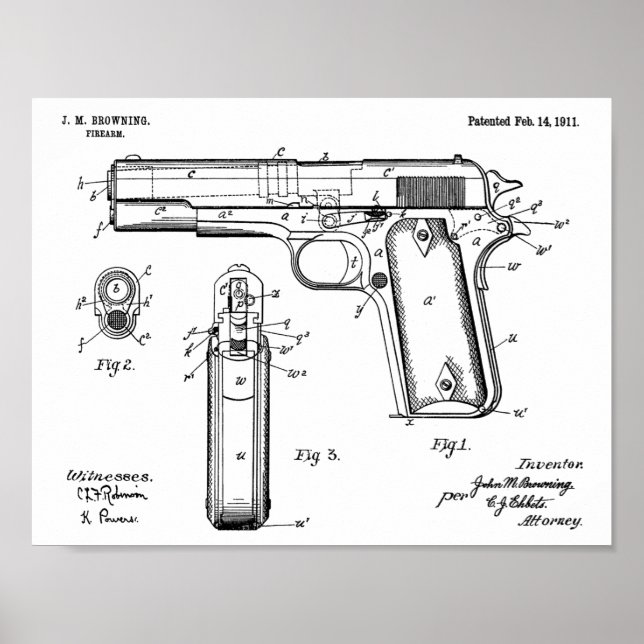 Poster 1911 Colt Browning Gun brevet d'art dessin (Devant)