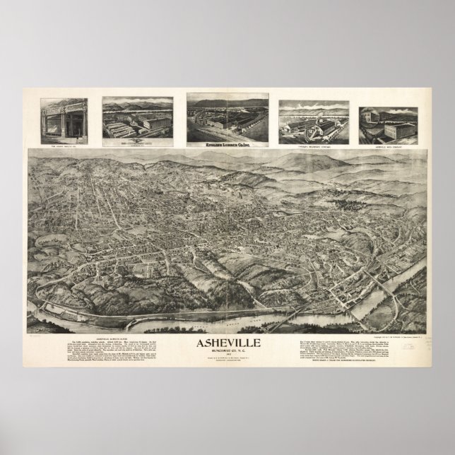Poster 1912 Asheville, NC Oiseaux Vue panoramique Carte (Devant)