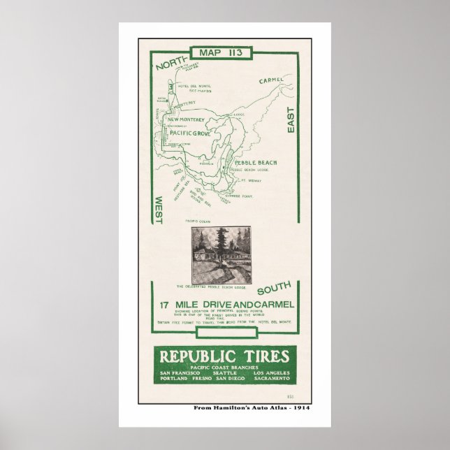 Poster 1914 Carte, Plage de Pebble, 27 miles (27 km) en v (Devant)