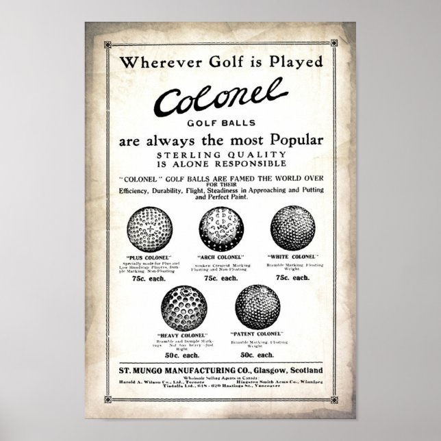 Poster 1915 Ballons de golf du colonel Publicité Imprimer (Devant)