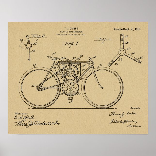 Poster 1915 Bicycle Transmission Design Brevet Art Imprim (Devant)