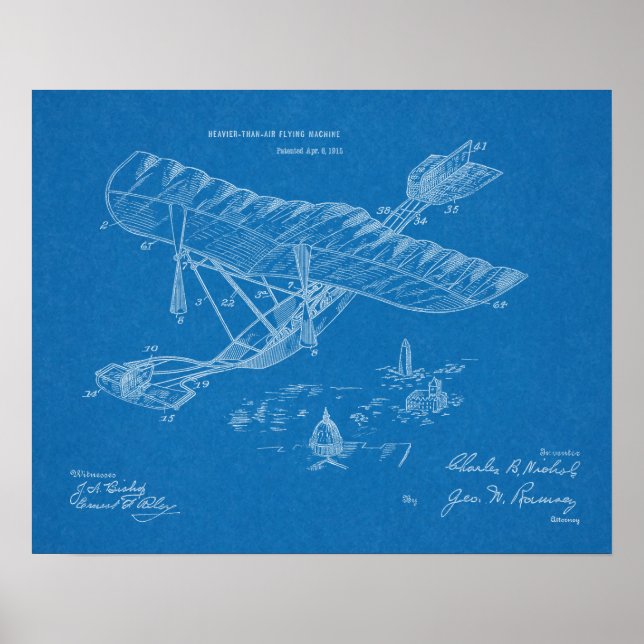 Poster 1915 Machine volante Avion Brevet d'Art Dessin (Devant)