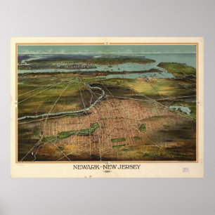 Poster 1916 Newark, NJ Birds Eye View Panoramic Map