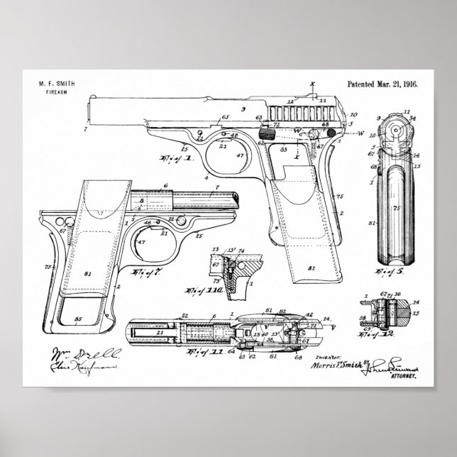 Poster 1916 Smith Gun Brevet Dessin d'art Imprimer (Devant)
