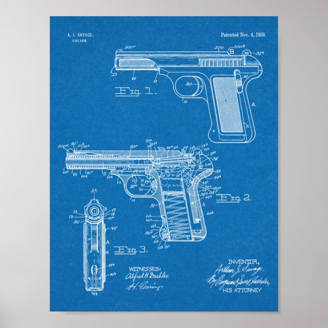 Poster 1919 Pistolet à main dessin d'art (Devant)