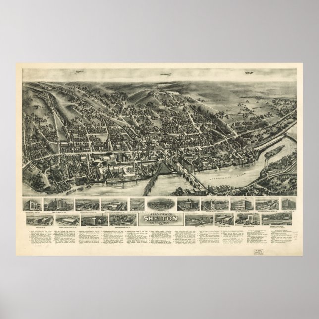 Poster 1919 Shelton CT Birds Eye Panoramic Map (Devant)