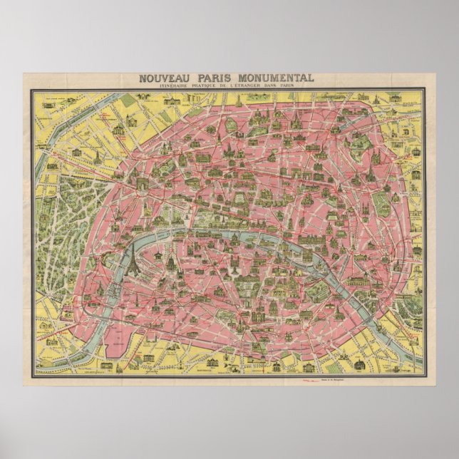 Poster 1920 Pittoresque Voyages Plan de Paris, France (Devant)