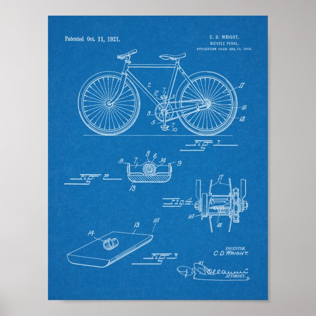 Poster 1921 Bicycle Pedal Design Brevet Art Imprimer (Devant)