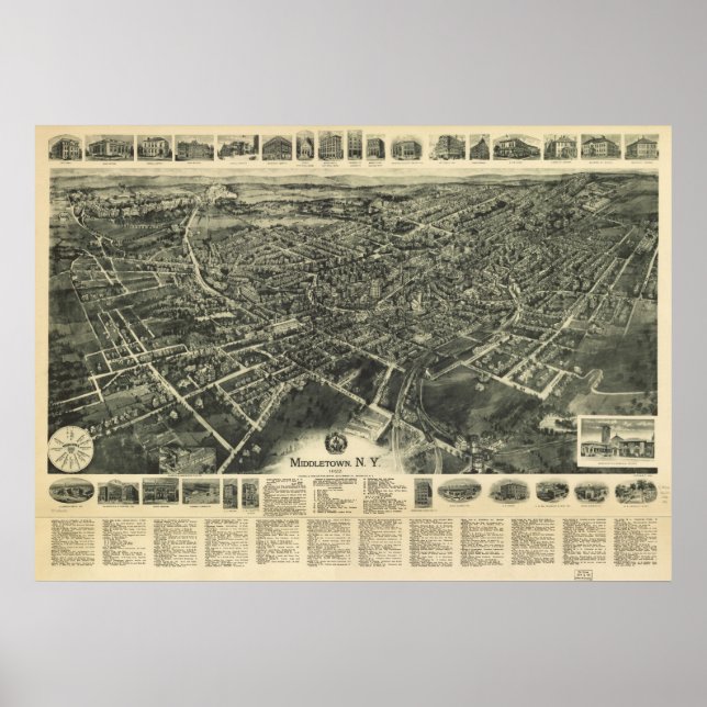 Poster 1922 Middletown, NY Oiseaux Vue panoramique Carte (Devant)