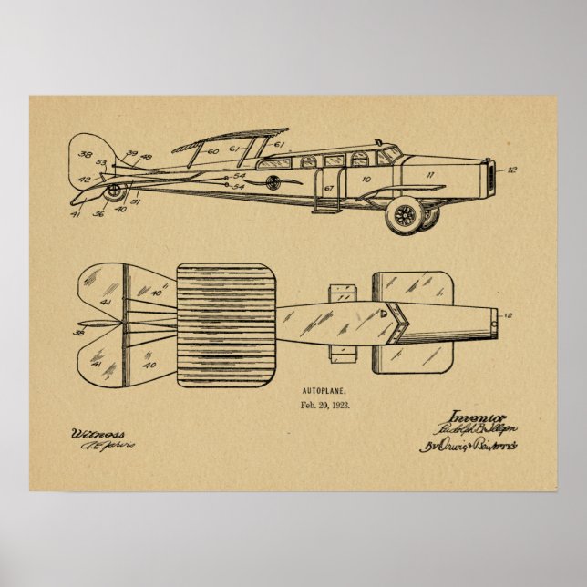 Poster 1923 Voiture Volante Autoplane Brevet Art Dessin I (Devant)