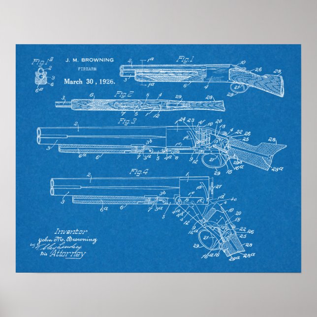Poster 1926 Browning Shotgun Patent Art Drawing Print (Devant)