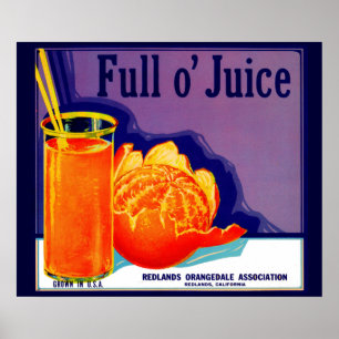 Poster 1930 Plein o’ étiquette de caisse orange de jus