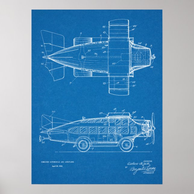 Poster 1930 Voiture Volante Avion Brevet d'Art Imprimer (Devant)