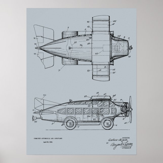Poster 1930 Voiture Volante Avion Brevet d'Art Imprimer (Devant)
