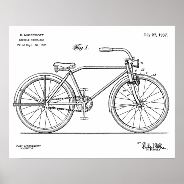 Poster 1937 Bicycle Headlamp Design Brevet Art Imprimer (Devant)