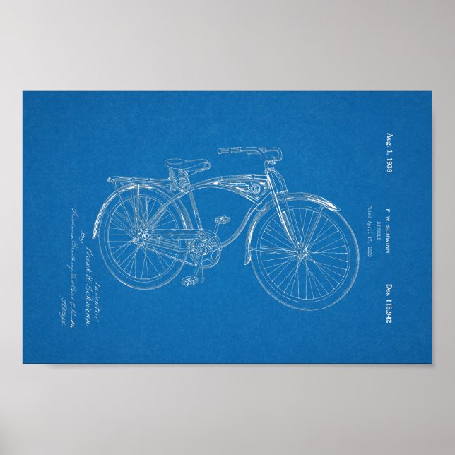 Poster 1942 Vintage Schwinn Bicycle Brevet Blueprint Art (Devant)