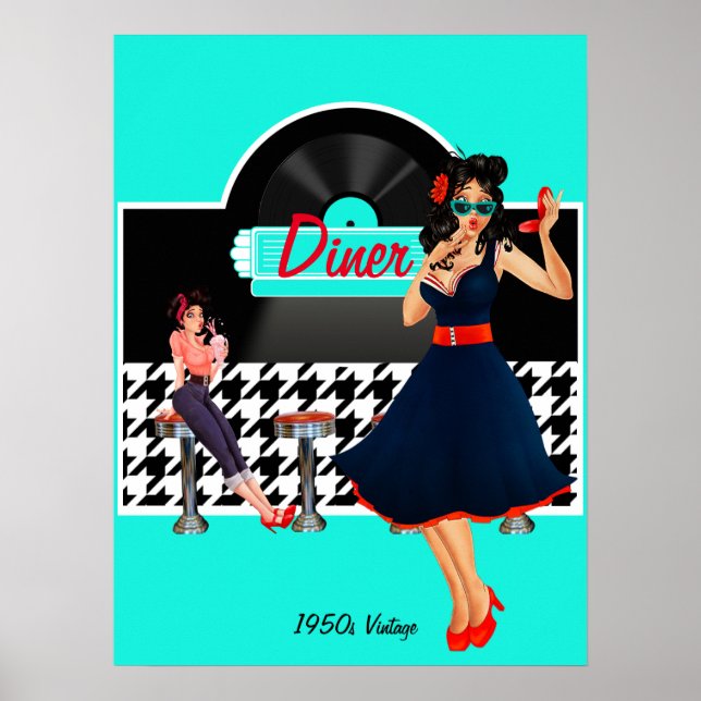 Poster 1950 Diner turquoise noir & blanc à damiers rétro (Devant)