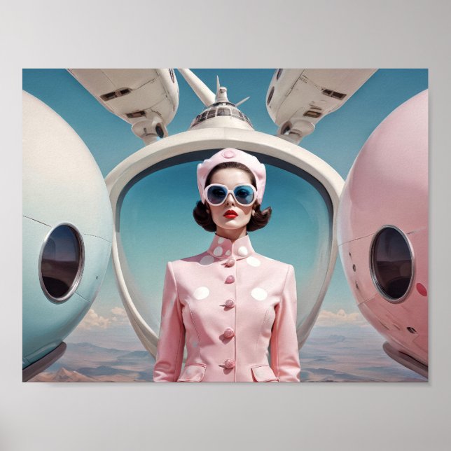 Poster 1950 Rétro Futurisme hôtesse femme en rose (Devant)