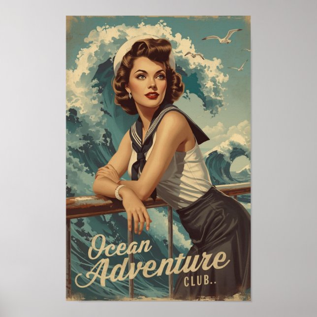 Poster 1950s Sailor Pin-Up Art – Retro Nautical Cruise Po (Devant)