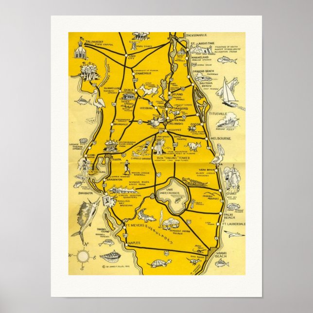 Poster 1952 Floride Attractions 12x16 Carte (Devant)