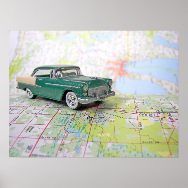 Poster 1955 : Une voiture sur une carte routière (Devant)