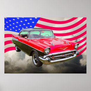 Poster 1957 Chevrolet Bel Air And American Flag