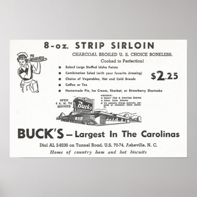 Poster 1960 Annonce pour Buck's Restaurant à Asheville, N (Devant)