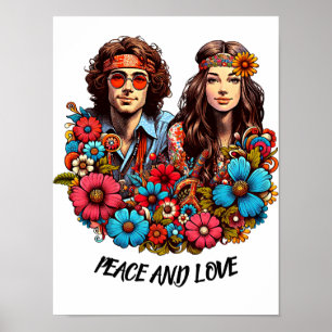 Poster 1960 Hippie Couple enfant à fleurs Peace & Love ar