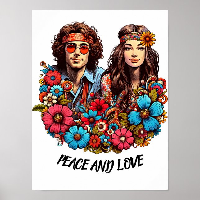 Poster 1960 Hippie Couple enfant à fleurs Peace & Love ar (Devant)