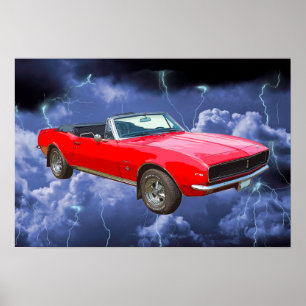 Poster 1967 red Camaro Muscle Car and Lightning Bolts