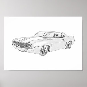 Poster 1969 Chevy Camaro style crayon noir et blanc