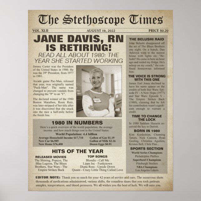 Poster 1980 Stethoscope Times for Nurse Retirement Party (Devant)
