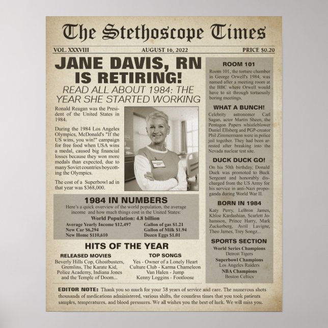 Poster 1984 Stethoscope Times for Nurse Retirement Party (Devant)