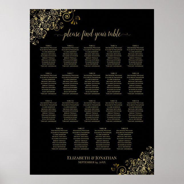 Poster 19 Table Gold Frills Black Mariage Seating Chart (Devant)