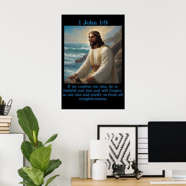 Poster 1 Jean 1:9 avec un vieux bateau dans l'océan calme (Bureau à domicile)
