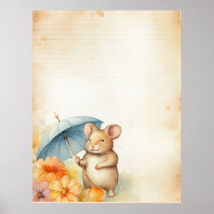 Poster 1 Souris avec parapluie bleu orange fleurs roses