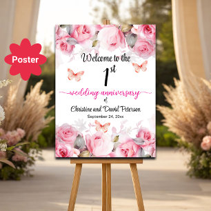 Poster 1er anniversaire Mariage Blush Roses Bienvenue