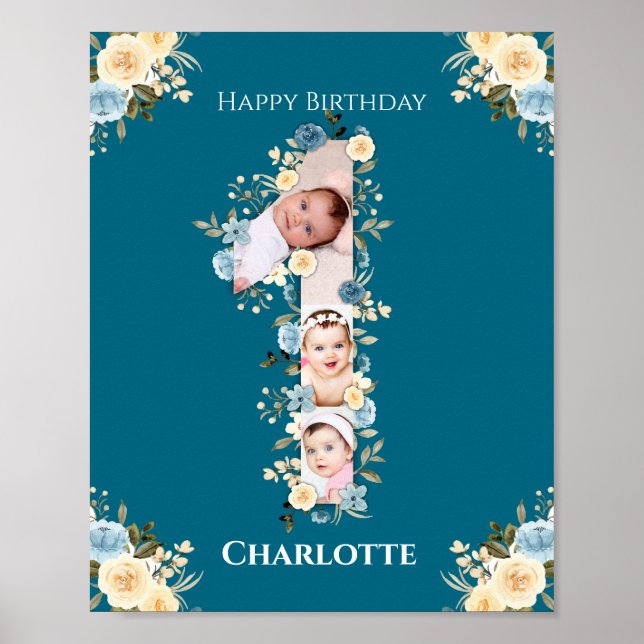 Poster 1er anniversaire Photo Turquoise Collage bleu jaun (Devant)
