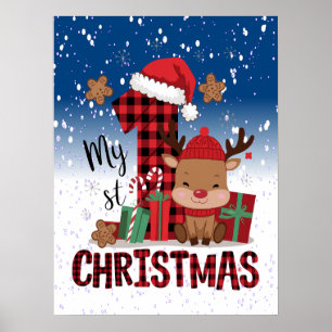 Poster 1er Noël Santa Hat White Neige Bébé Reindeer