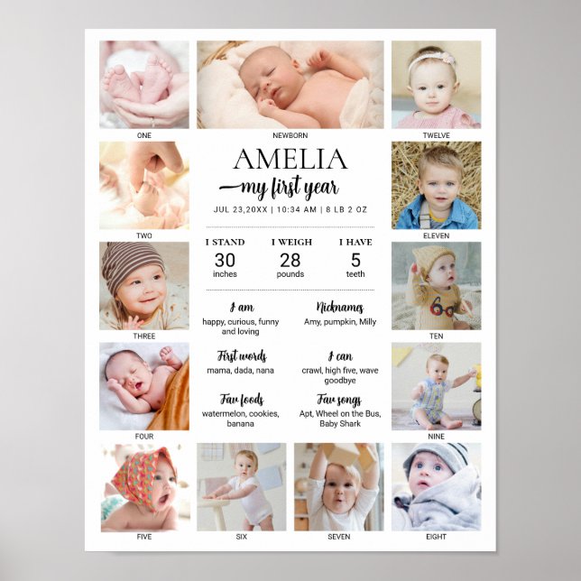 Poster 1st Birthday Baby Milestone Custom Photo Collage (Devant)