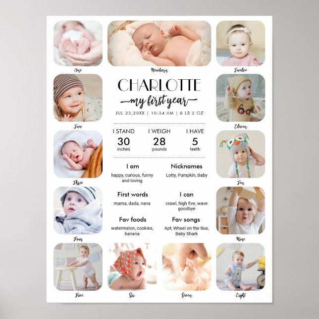 Poster 1st Birthday Baby Milestone Custom Picture Collage (Devant)