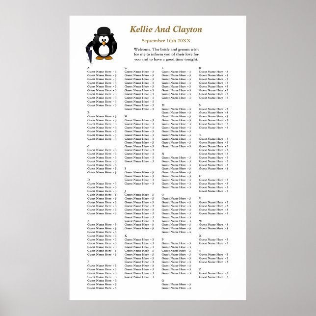 Poster 200 Drôle Penguin Greeter Mariage Seating Chart (Devant)