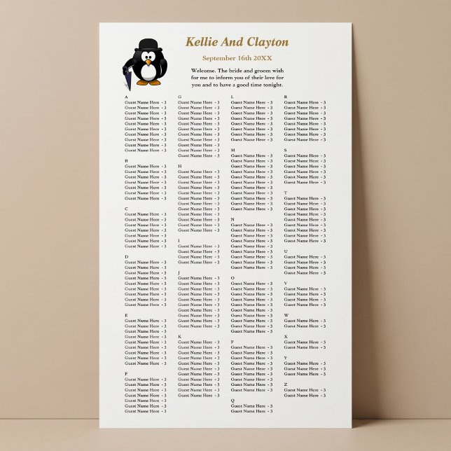 Poster 200 Drôle Penguin Greeter Mariage Seating Chart (Créateur téléchargé)