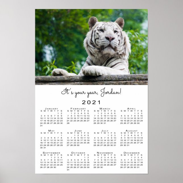 Poster 2021 Calendrier personnalisé Tigre blanc Nom photo (Devant)