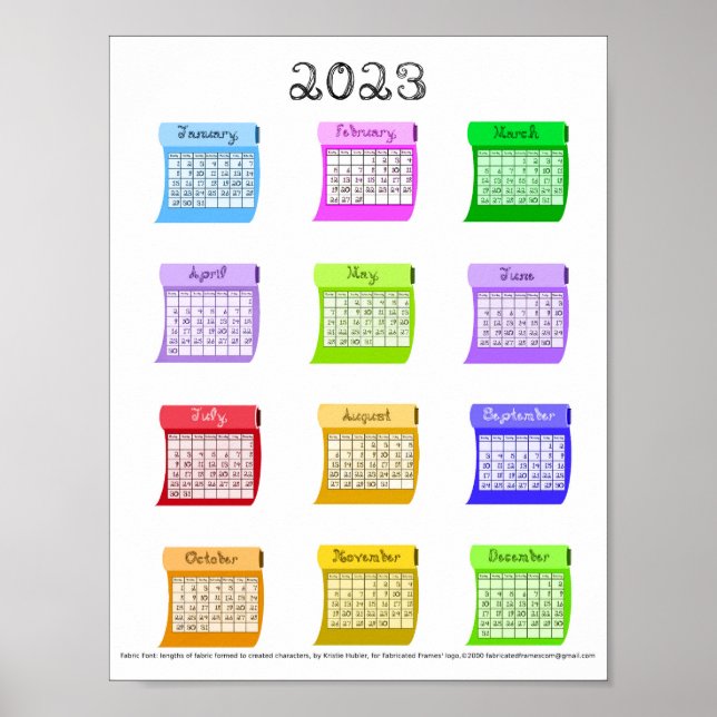 Poster 2023 Calendrier Tissu Mois de police Coudre boulon (Devant)