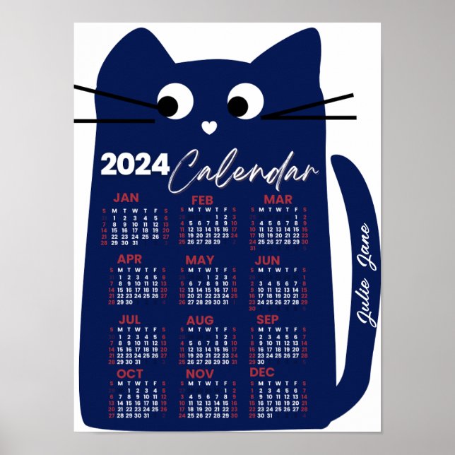 Poster 2024 Année Calendrier mensuel Mi-Siècle Blue Cat (Devant)