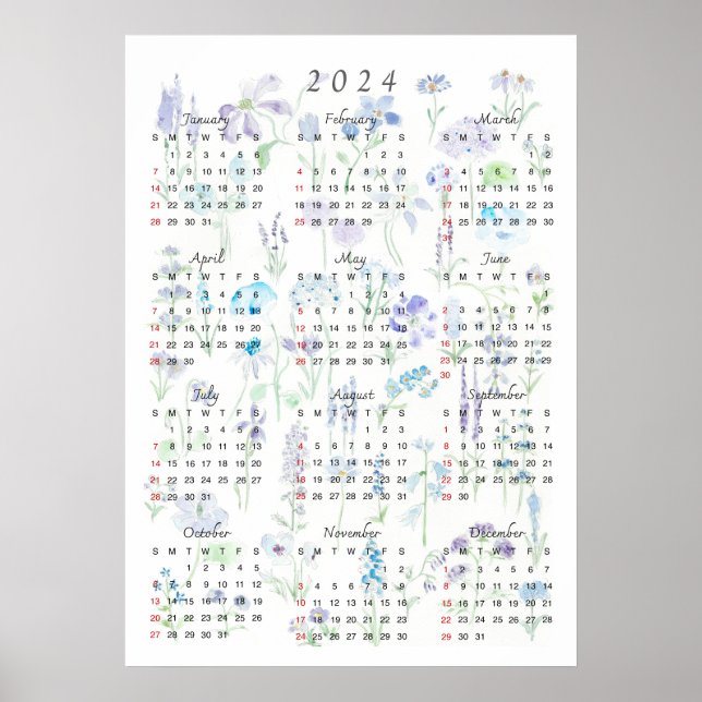 Poster 2024 aquarelle de couleur de calender violet et ba (Devant)