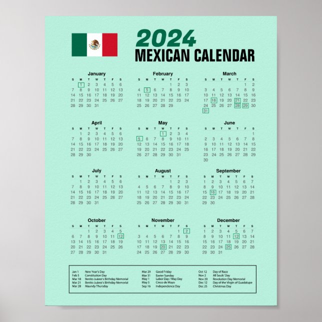 Poster 2024 Calendrier mexicain Télécharger PDF 3,95 $ (Devant)
