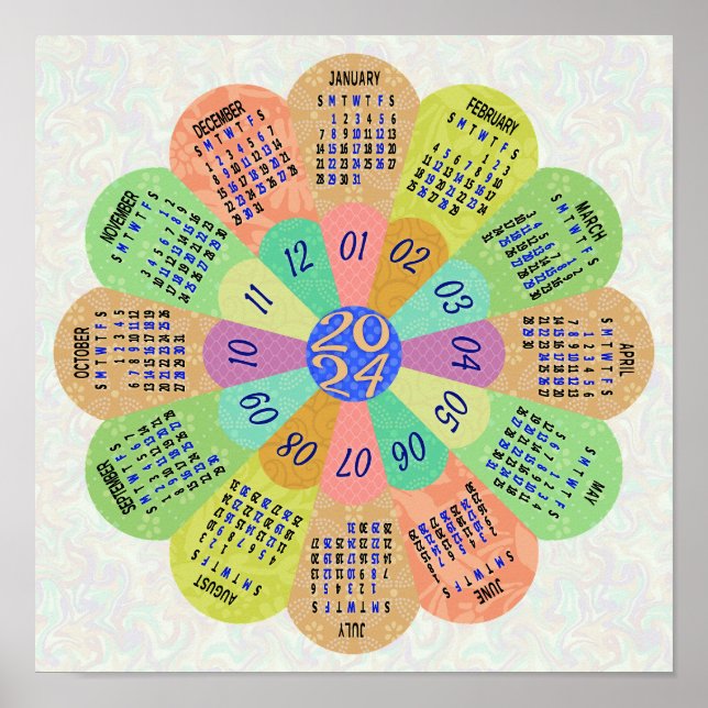 Poster 2024 Calendrier Unique Arrondi Boho Retro Flower (Devant)