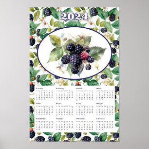 Poster 2024 Calendrier Vintage Blackberries Aquarelle